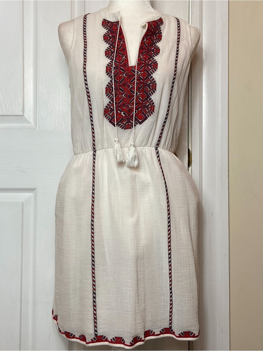 Madewell Cream Mini Dress with Red Embroidery